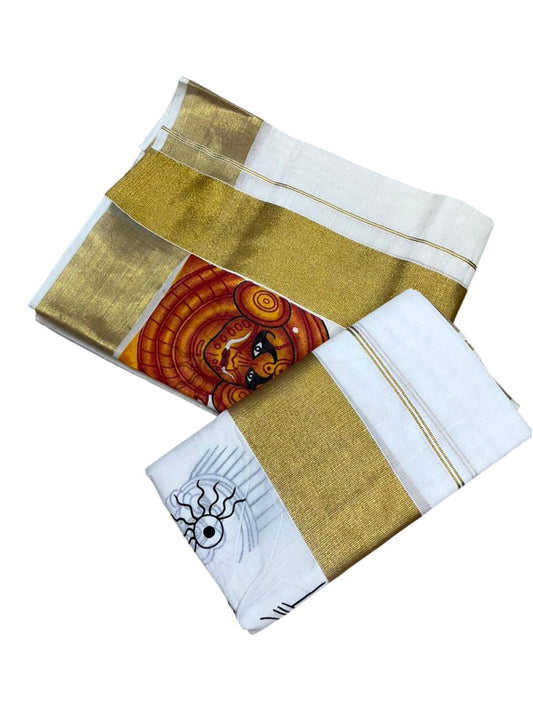 Southloom Kerala Cotton Set Mundu (Mundum Neriyathum) with Theyyam Printed Design SL494