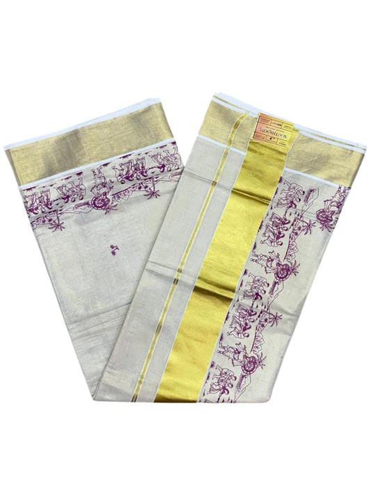 Southloom Tissue Kerala Kasavu Saree with Onam Digital Print on Body and Border in Purple SL495