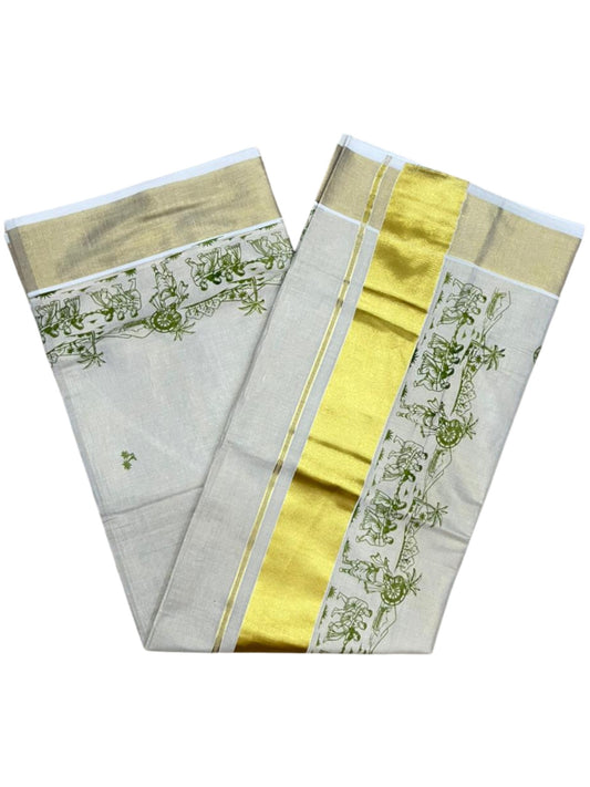 Southloom Tissue Kerala Kasavu Saree with Onam Digital Print on Body and Border in Olive Green SL495