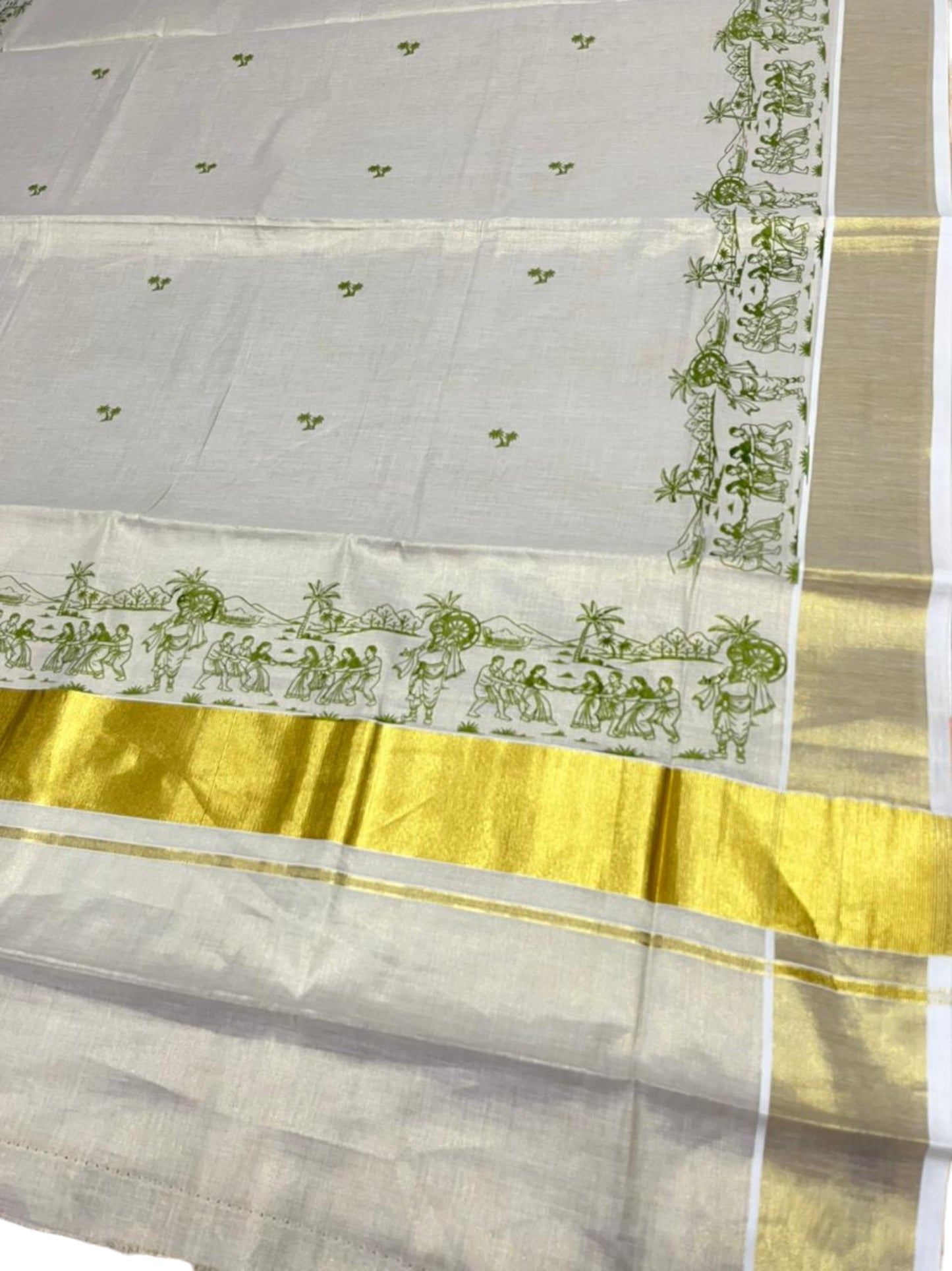 Southloom Tissue Kerala Kasavu Saree with Onam Digital Print on Body and Border in Olive Green SL495