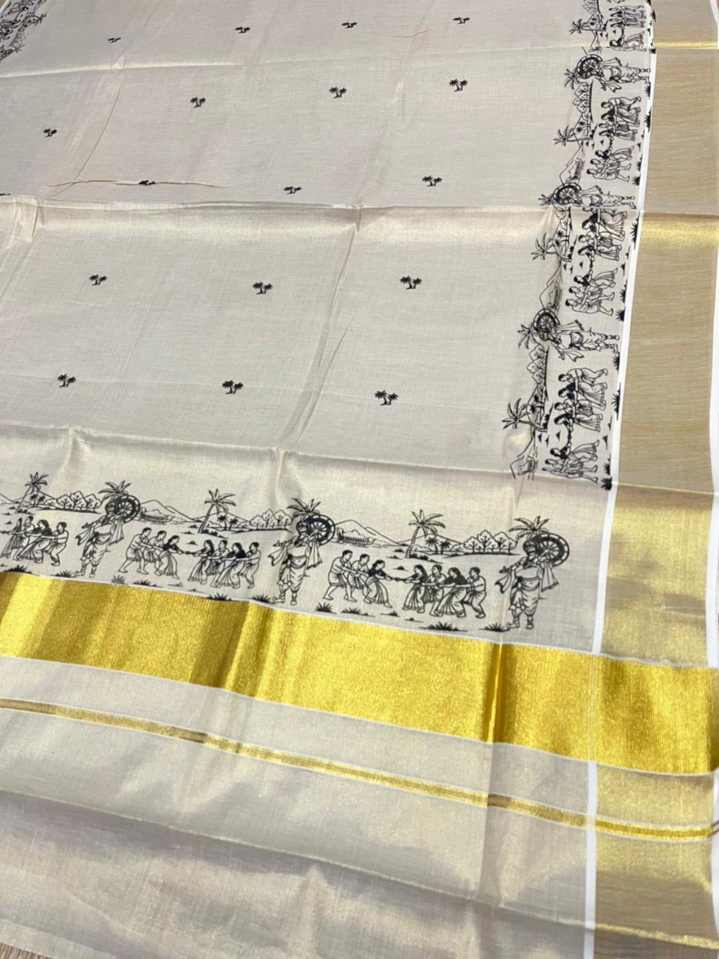 Southloom Tissue Kerala Kasavu Saree with Onam Digital Print on Body and Border in Black SL495