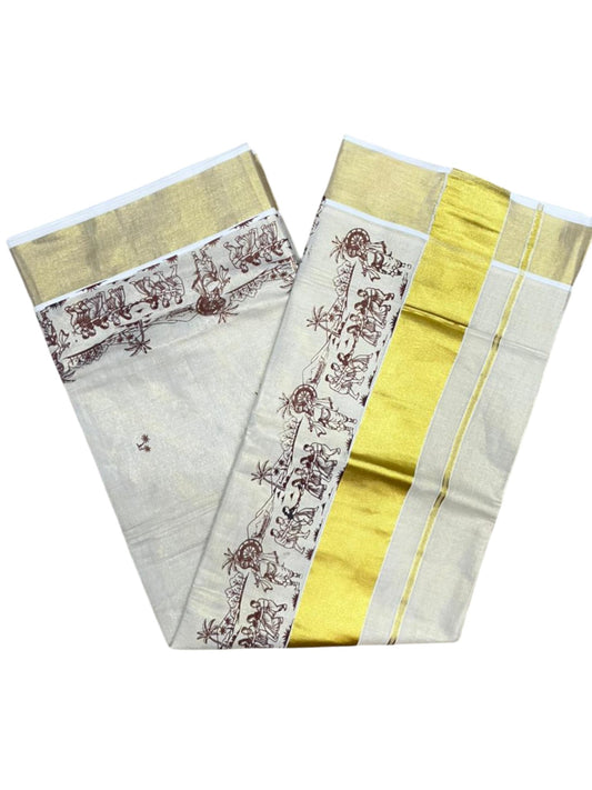 Southloom Tissue Kerala Kasavu Saree with Onam Digital Print on Body and Border in Brown SL495