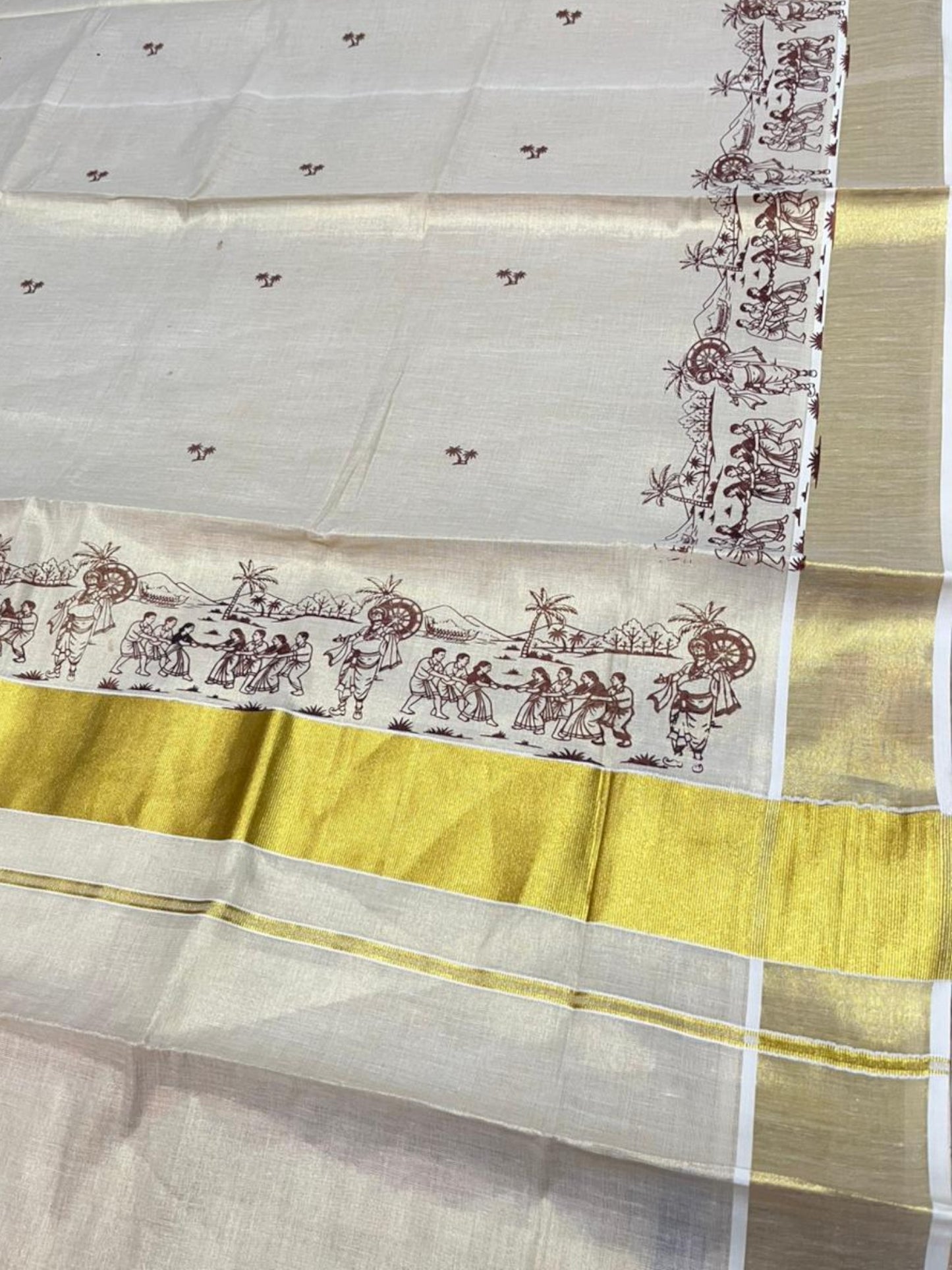 Southloom Tissue Kerala Kasavu Saree with Onam Digital Print on Body and Border in Brown SL495