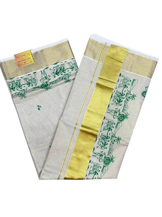 Southloom Tissue Kerala Kasavu Saree with Onam Digital Print on Body and Border in Green SL495