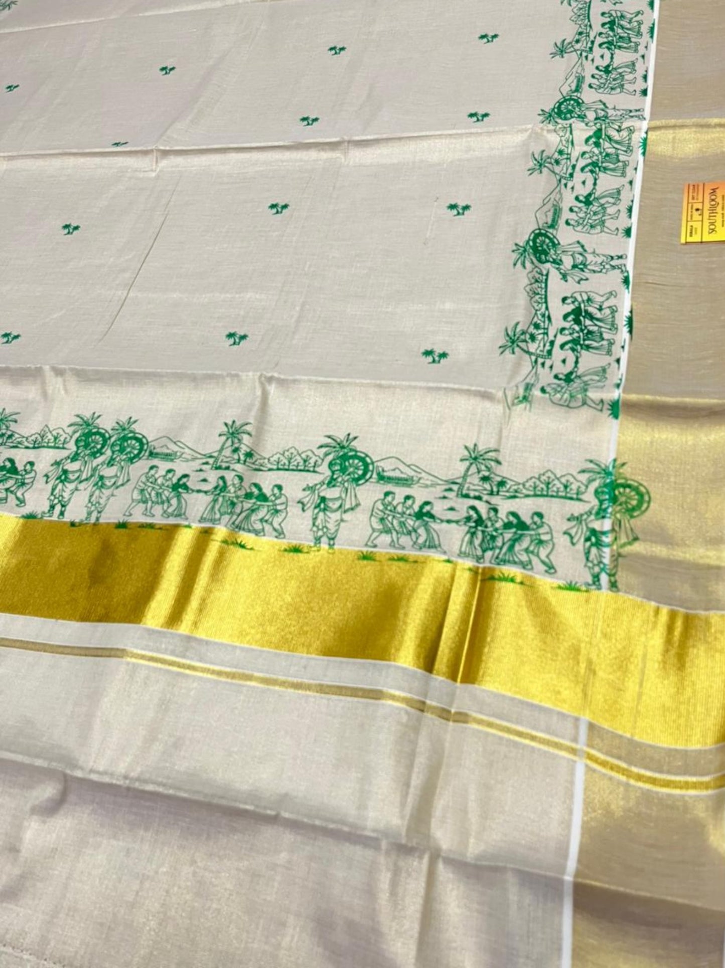 Southloom Tissue Kerala Kasavu Saree with Onam Digital Print on Body and Border in Green SL495