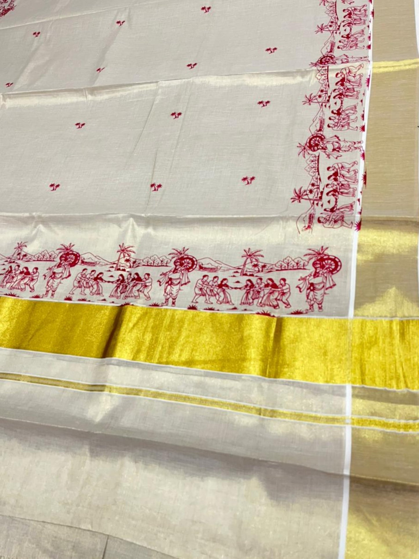 Southloom Tissue Kerala Kasavu Saree with Onam Digital Print on Body and Border in Red SL495