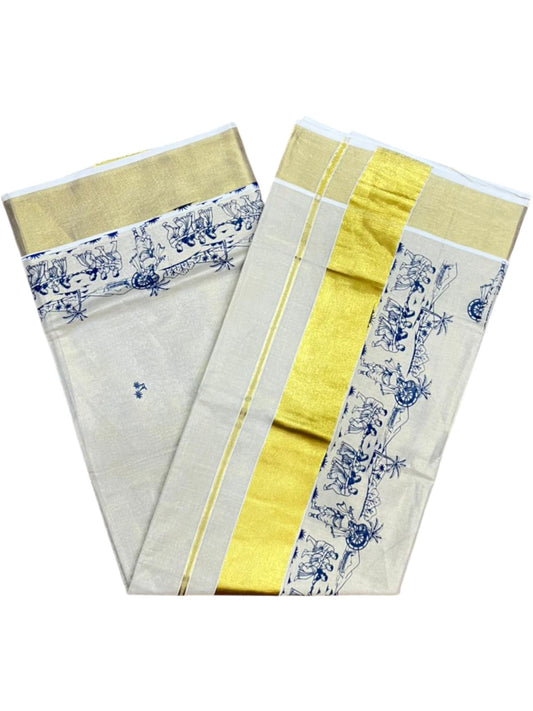 Southloom Tissue Kerala Kasavu Saree with Onam Digital Print on Body and Border in Blue SL495