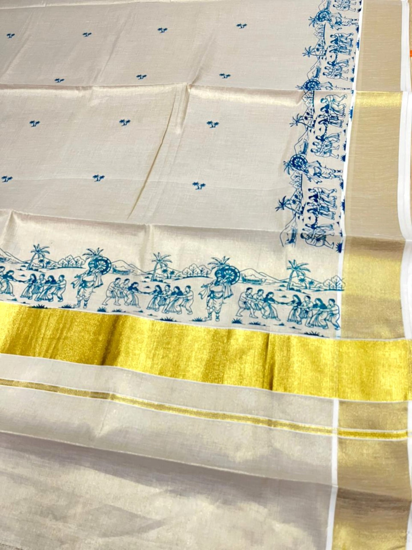 Southloom Tissue Kerala Kasavu Saree with Onam Digital Print on Body and Border in Peacock Blue SL495