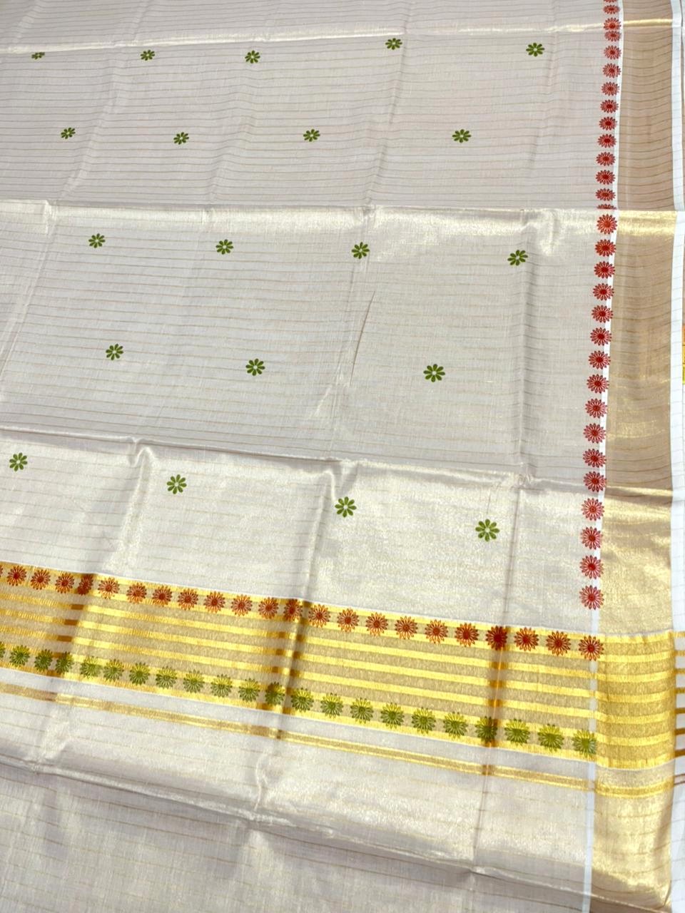 Southloom Tissue Kerala Kasavu Saree with Floral Digital Print on Body and Border in Olive Green & Red SL496