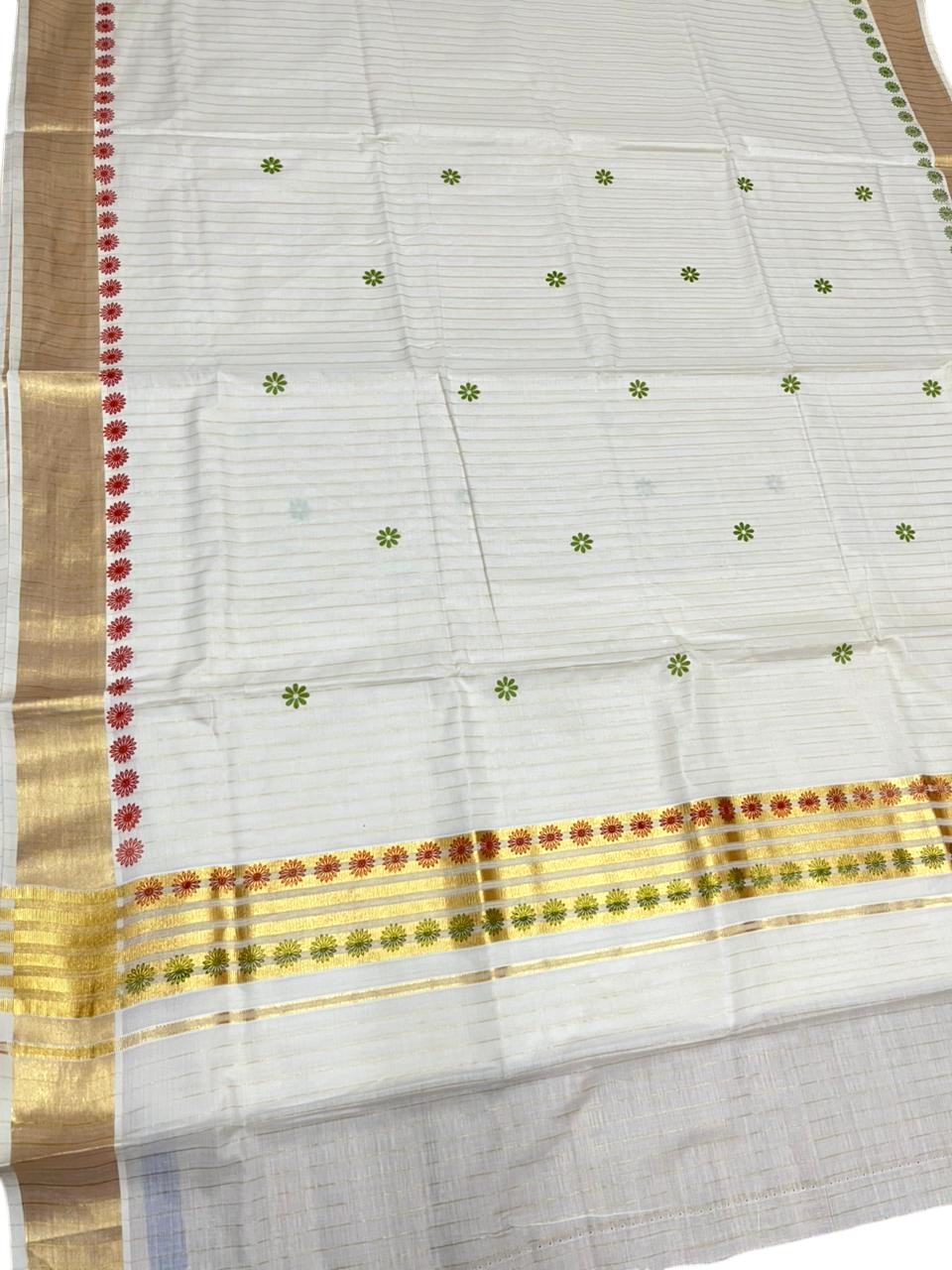 Southloom Cotton Kerala Kasavu Saree with Floral Digital Print on Body and Border in Olive Green & Red SL496