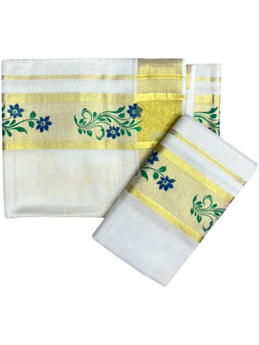 Southloom Pure Cotton Set Mundu with Gold Kasavu and Micro Stripes Across Body with Floral Print in Blue and Green 2.80 Mtrs SL405