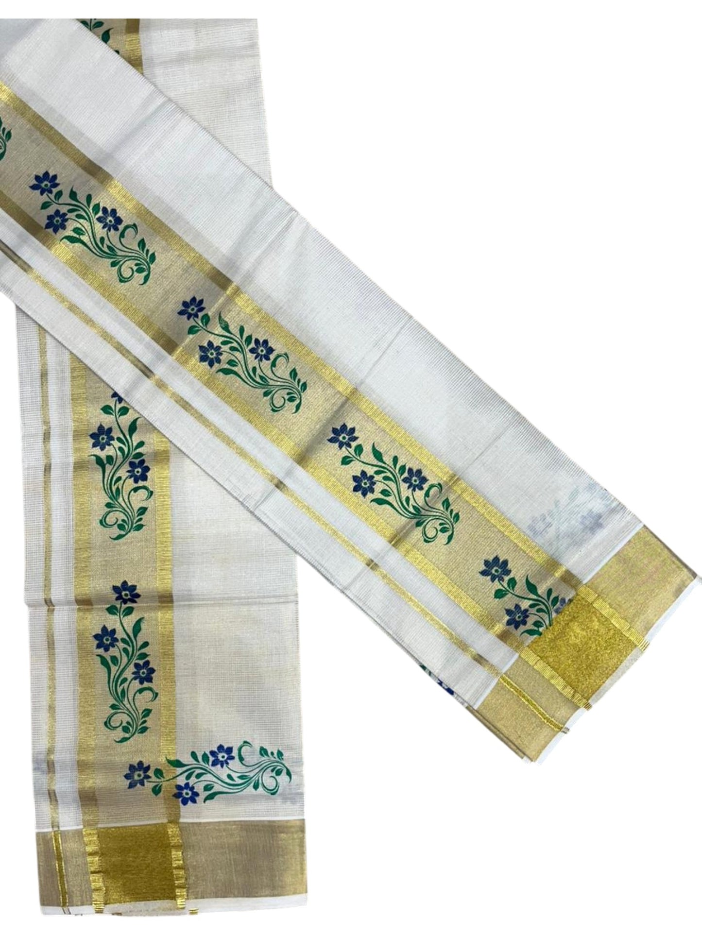 Southloom Pure Cotton Set Mundu with Gold Kasavu and Micro Stripes Across Body with Floral Print in Blue and Green 2.80 Mtrs SL405