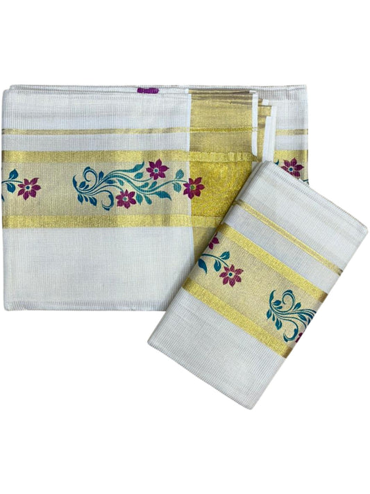 Southloom Pure Cotton Set Mundu with Gold Kasavu and Micro Stripes Across Body with Floral Print in Magenta and Blue 2.80 Mtrs SL405