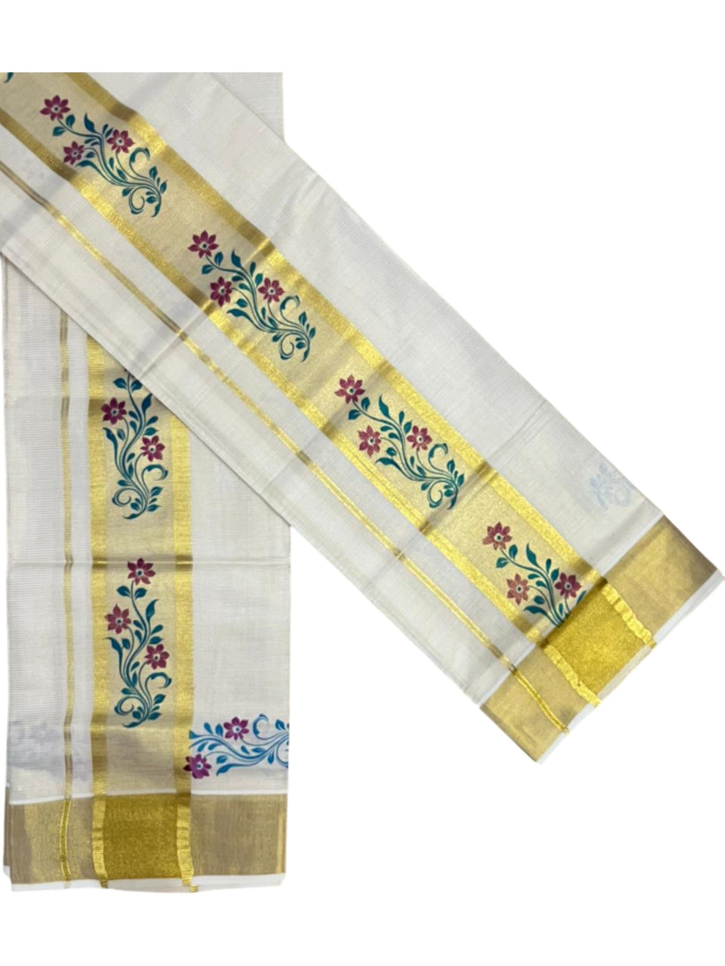 Southloom Pure Cotton Set Mundu with Gold Kasavu and Micro Stripes Across Body with Floral Print in Magenta and Blue 2.80 Mtrs SL405