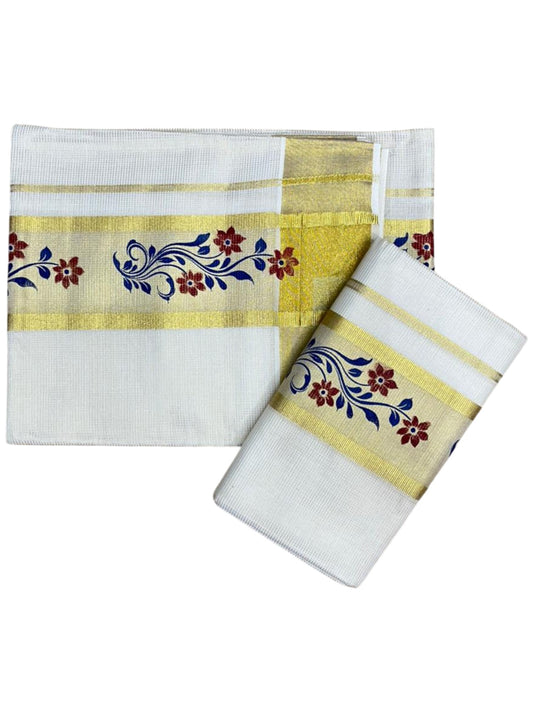 Southloom Pure Cotton Set Mundu with Gold Kasavu and Micro Stripes Across Body with Floral Print in Red and Blue 2.80 Mtrs SL405