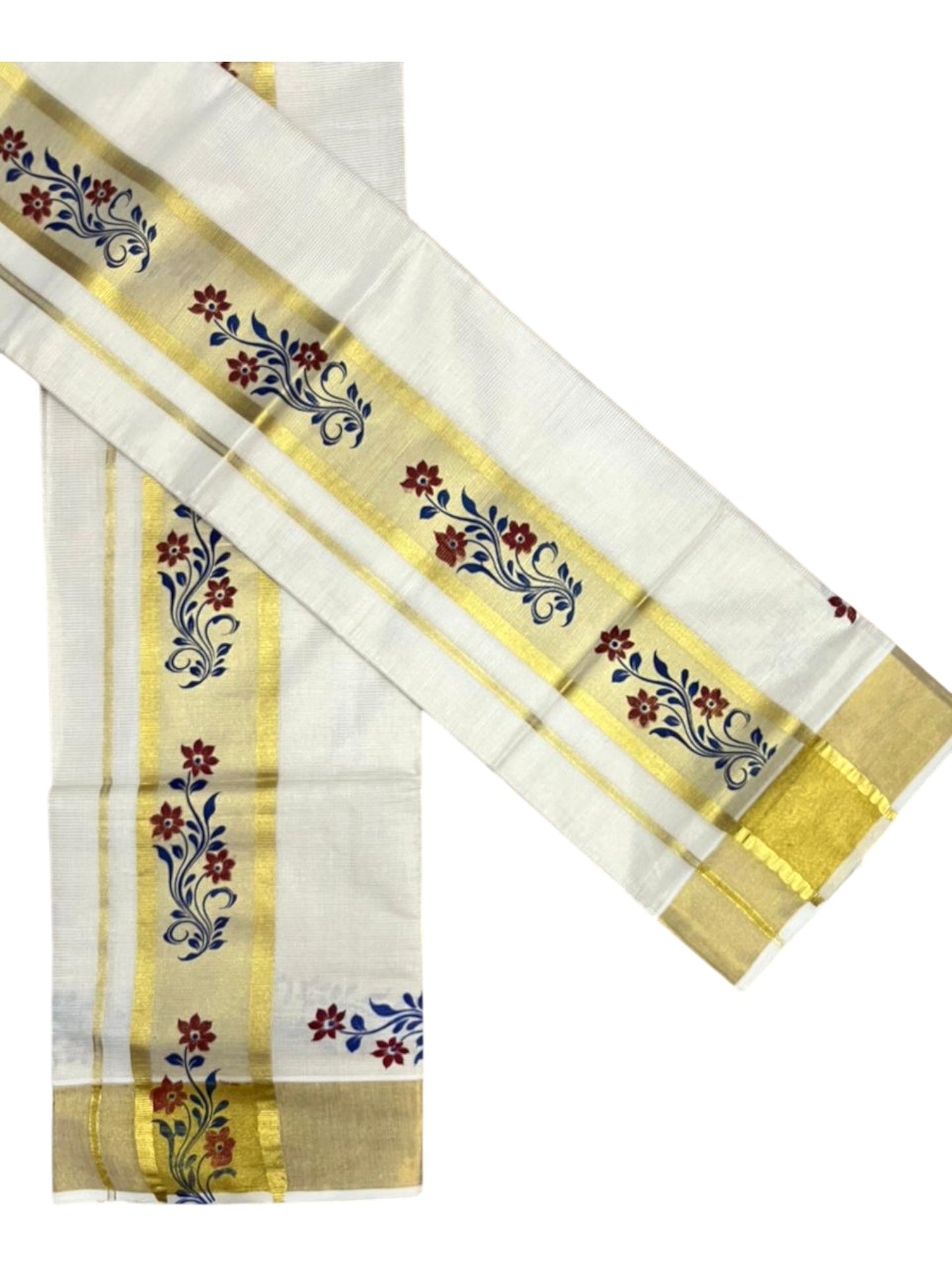 Southloom Pure Cotton Set Mundu with Gold Kasavu and Micro Stripes Across Body with Floral Print in Red and Blue 2.80 Mtrs SL405