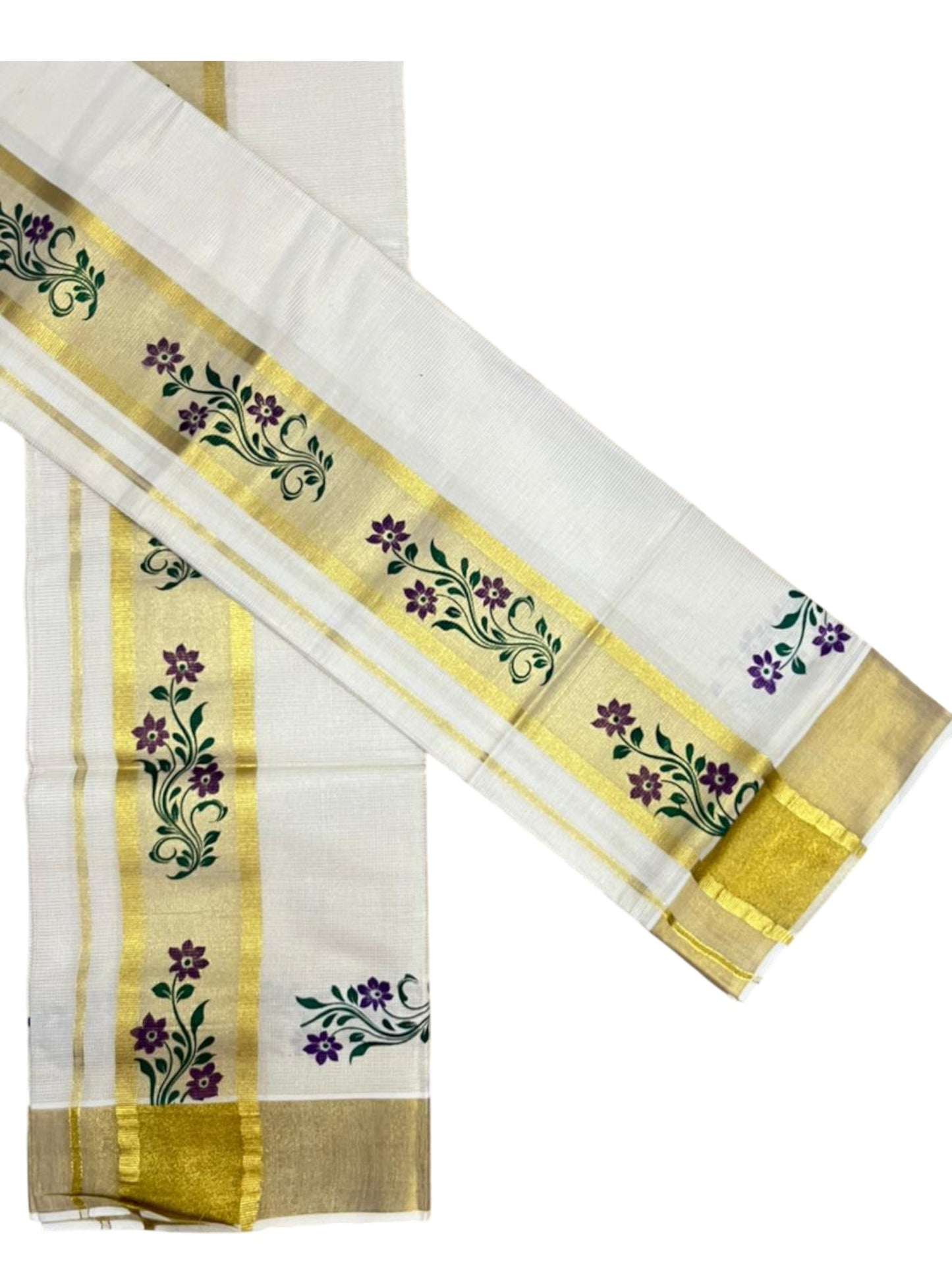 Southloom Pure Cotton Set Mundu with Gold Kasavu and Micro Stripes Across Body with Floral Print in Purple and Green 2.80 Mtrs SL405