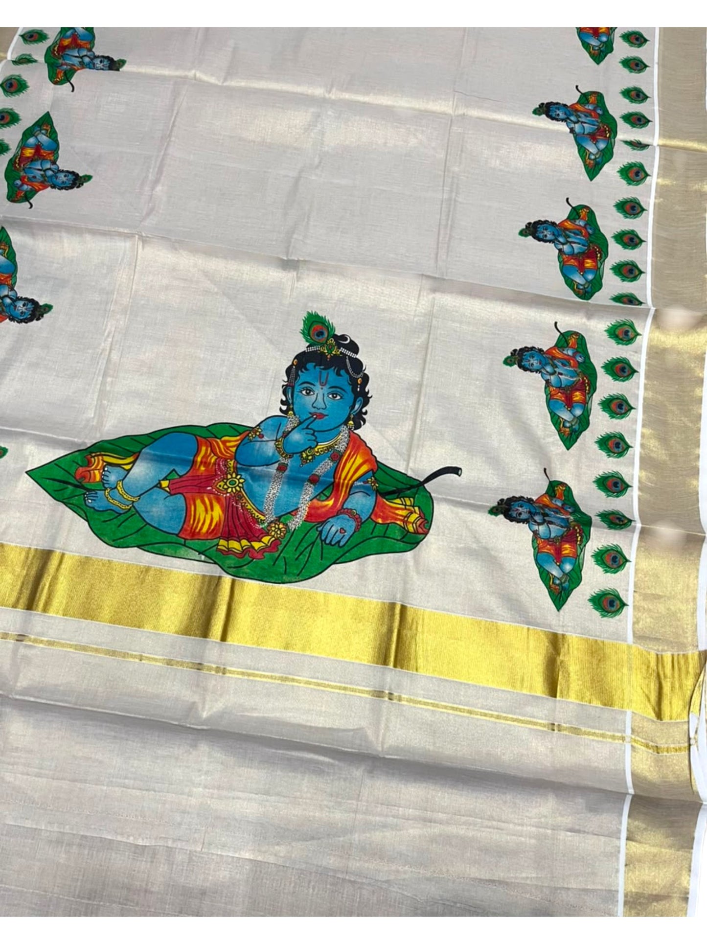 Southloom Kerala Tissue Kasavu Saree with Krishna Mural Printed Design