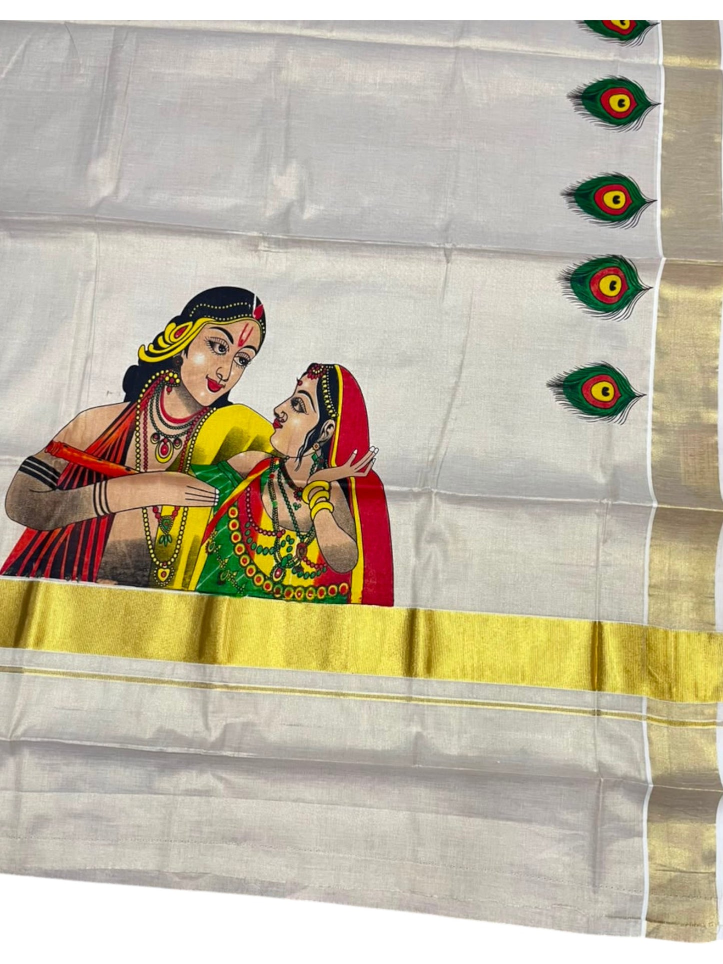 Southloom Kerala Tissue Kasavu Saree with Krishna Radha Mural Printed Design