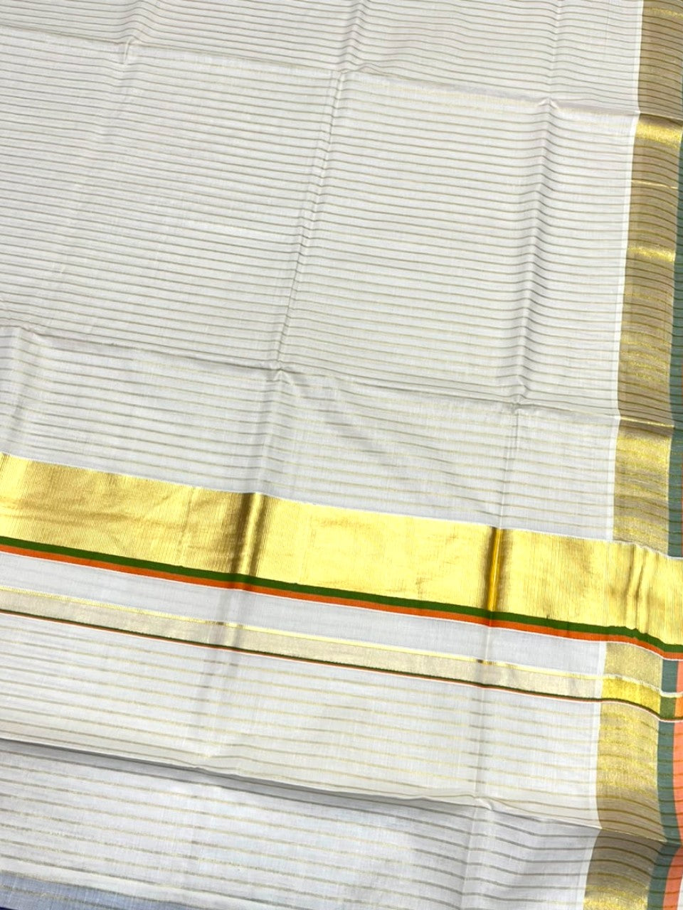 Southloom Kerala Cotton Kasavu Saree with Stripes on Body In Olive Green & Orange Border SL505