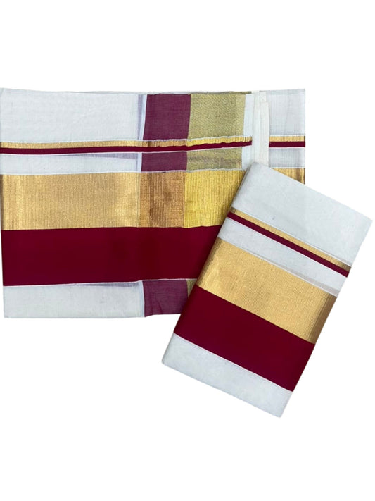 Kerala Cotton Set Mundu (Mundum Neriyathum) with Maroon and Kasavu Border 2.80 Mtrs SLKK SL504