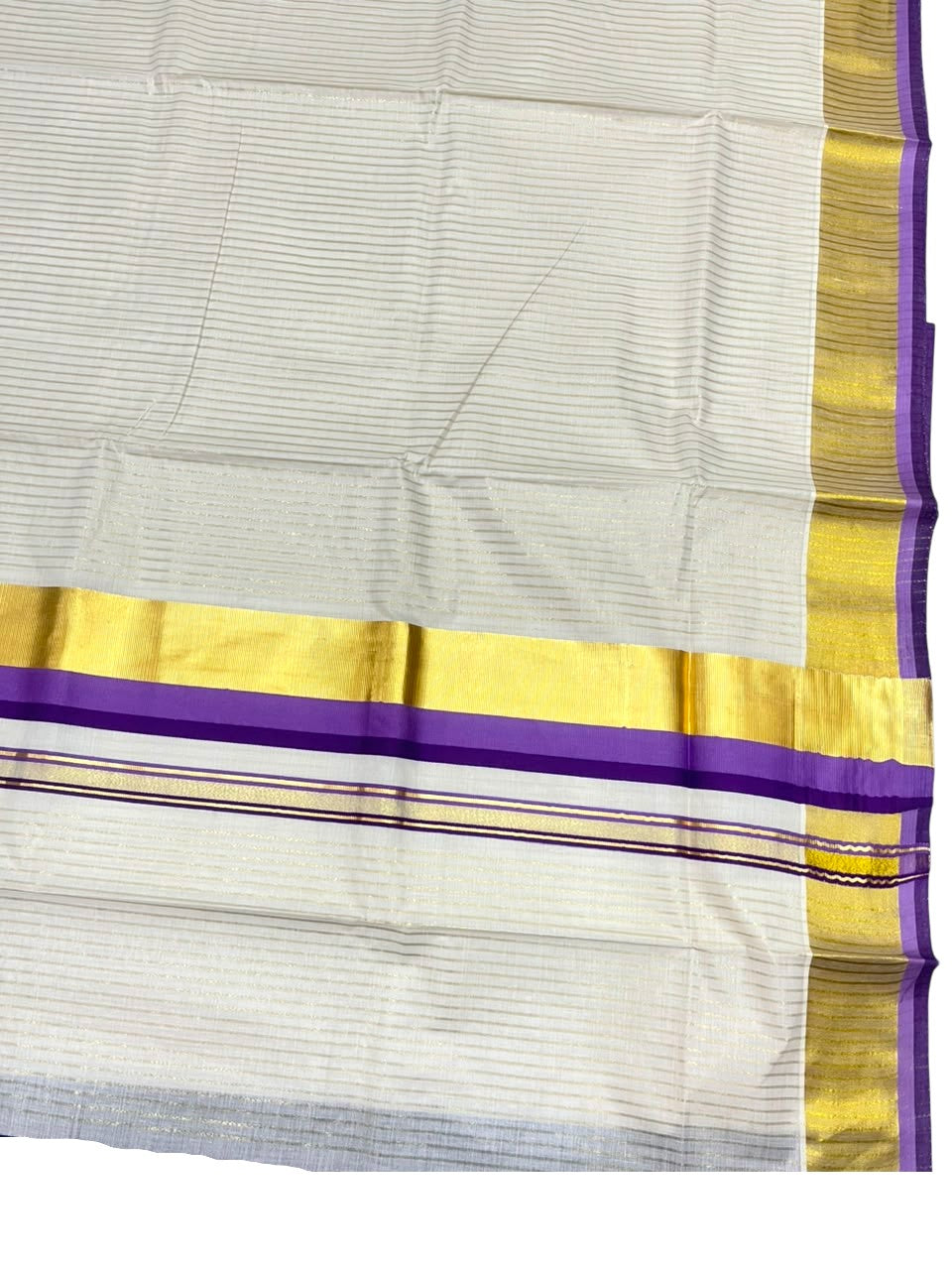 Southloom Kerala Cotton Kasavu Saree with Stripes on Body In Lavender & Purple SL506