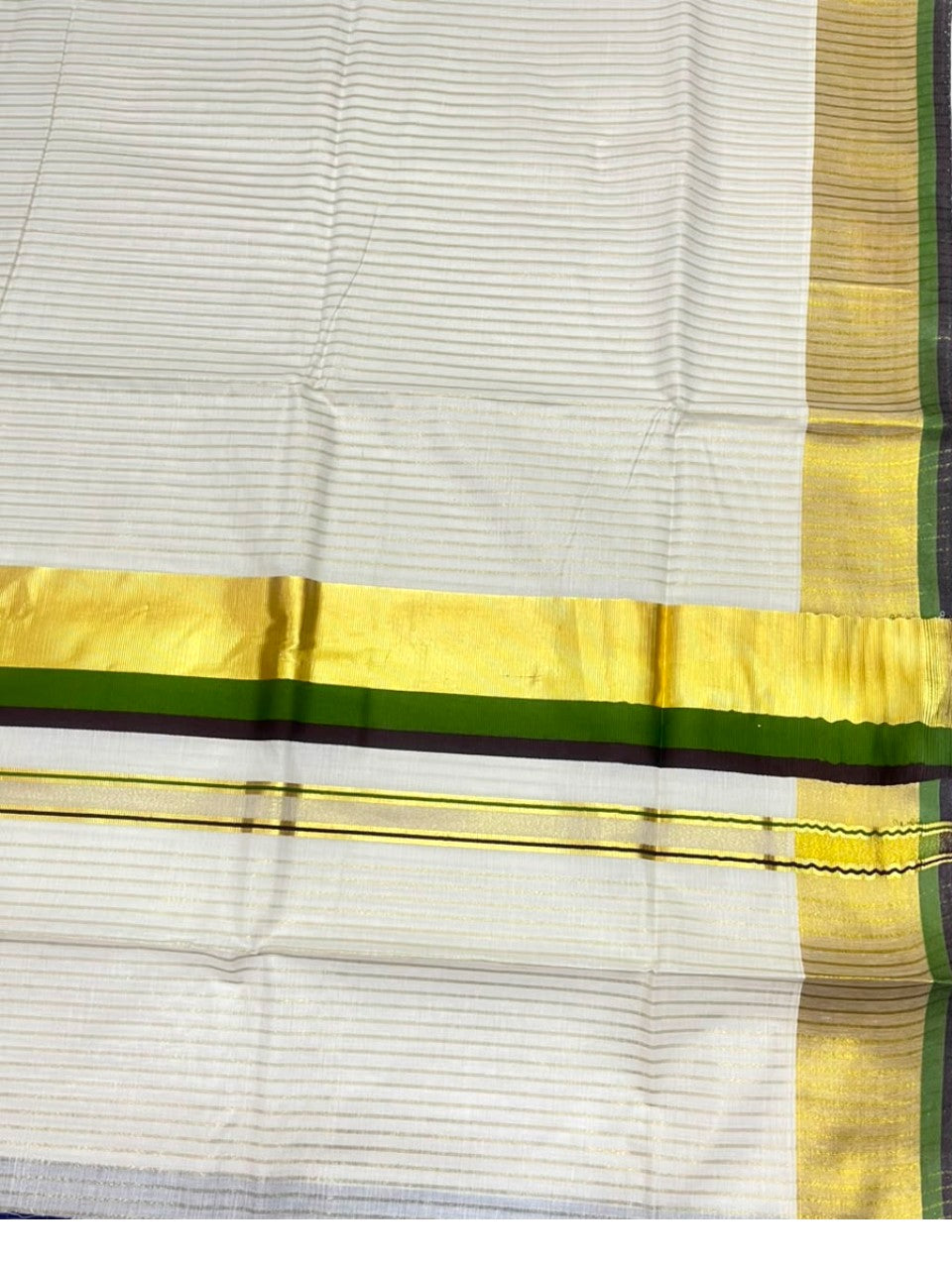 Southloom Kerala Cotton Kasavu Saree with Stripes on Body In Olive Green & Brown SL506