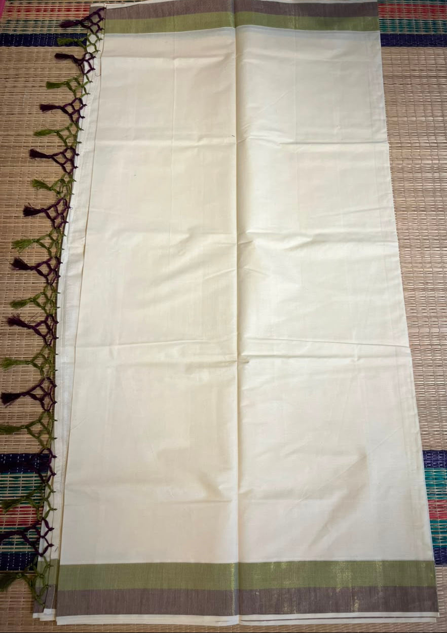 Kerala Cotton Kasavu Saree With olive Green And Purple Borders SL498
