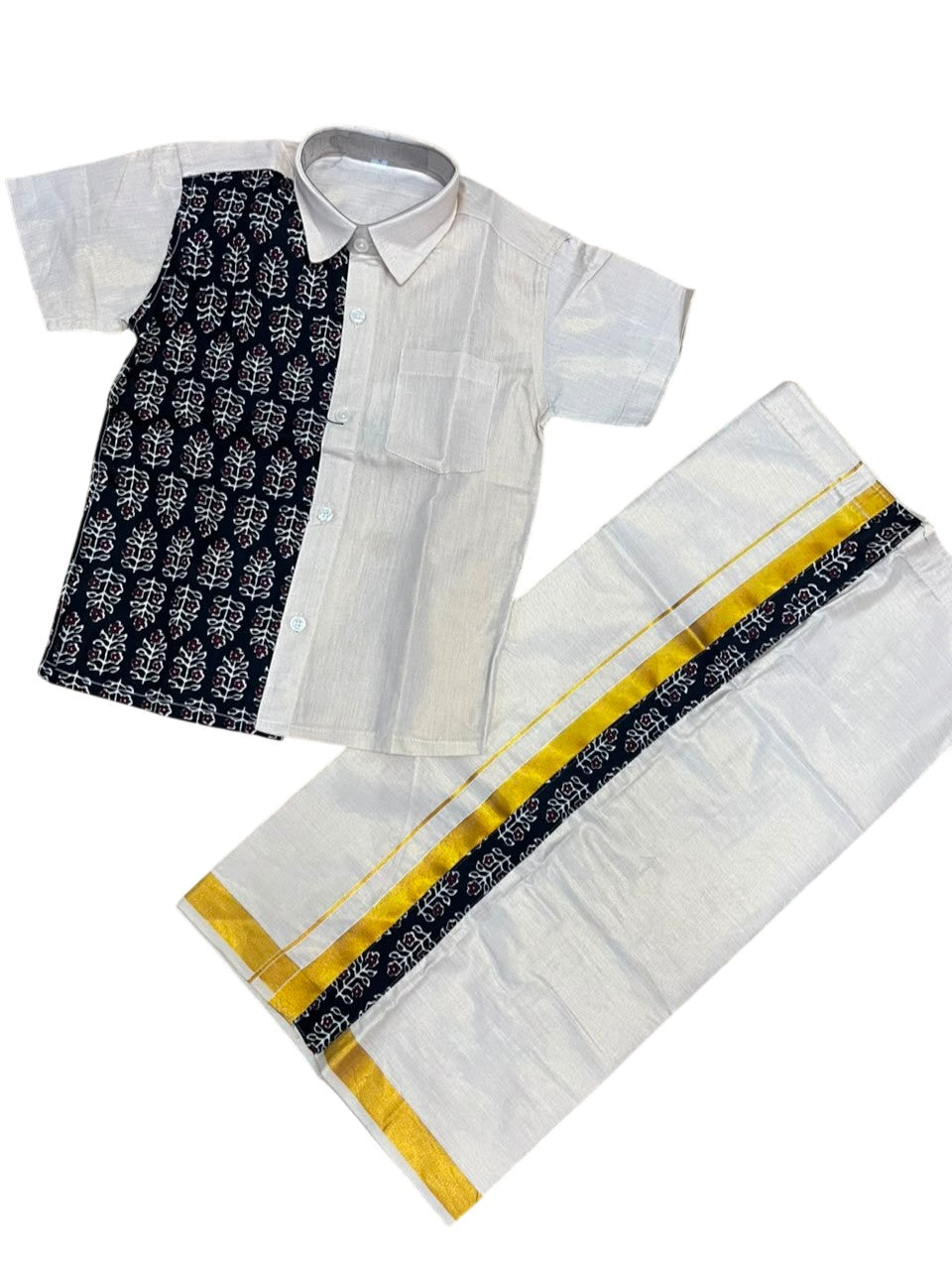 Southloom Tissue Ajrakh Printed Kids's Combo (Shirt + Velcro Mund )