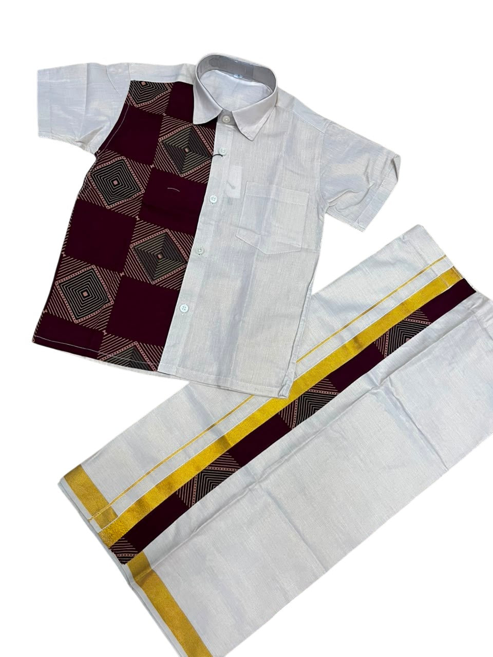 Southloom Tissue Ajrakh Printed Kids's Combo (Shirt + Velcro Mund )