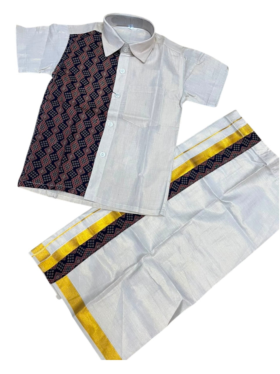 Southloom Tissue Ajrakh Printed Kids's Combo (Shirt + Velcro Mund )