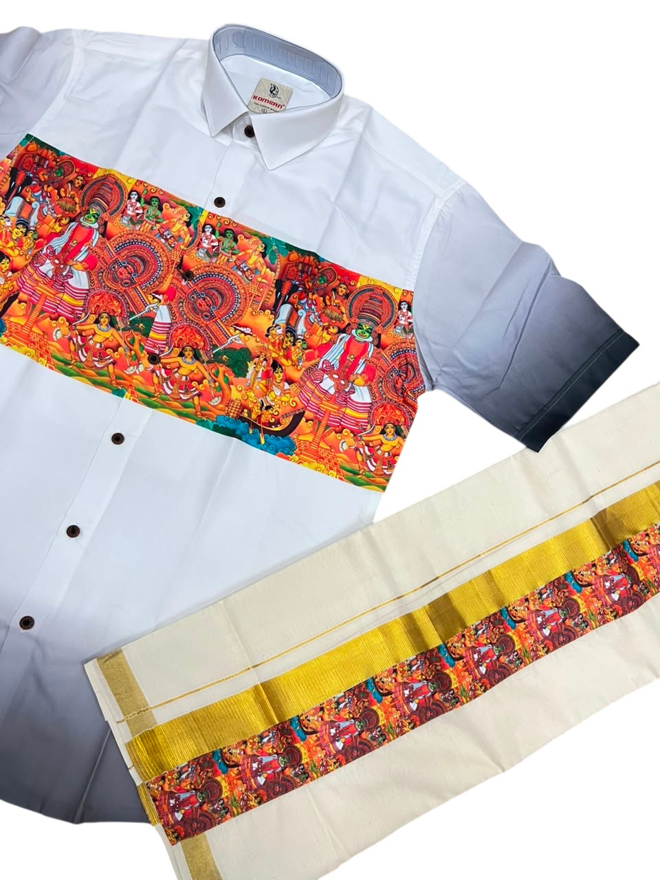 Southloom Cotton Theyyam & Kadhakali Mural Printed Men's Combo In Balck (Shirt + Mundu)