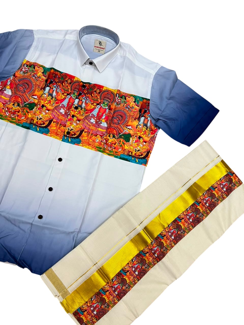 Southloom Cotton Theyyam & Kadhakali Mural Printed Men's Combo In Blue (Shirt + Mundu) (Copy)