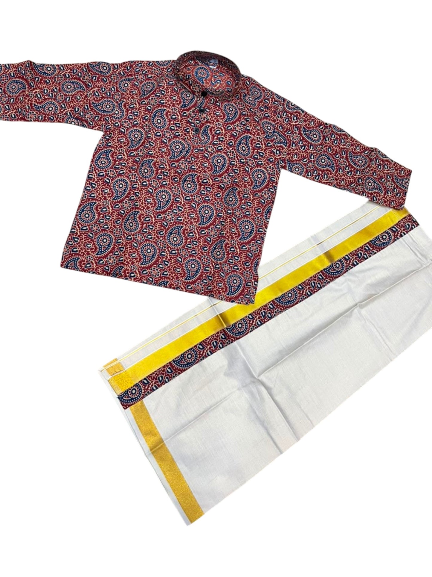 Southloom Tissue Ajrakh Printed Kids's Combo (Kurta + Velcro Mundu)