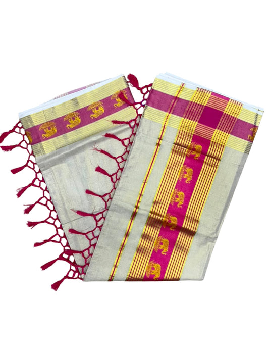 Southloom Kerala Tissue Kasavu Saree with Elephant Digital Print on Borders in Pink SL507