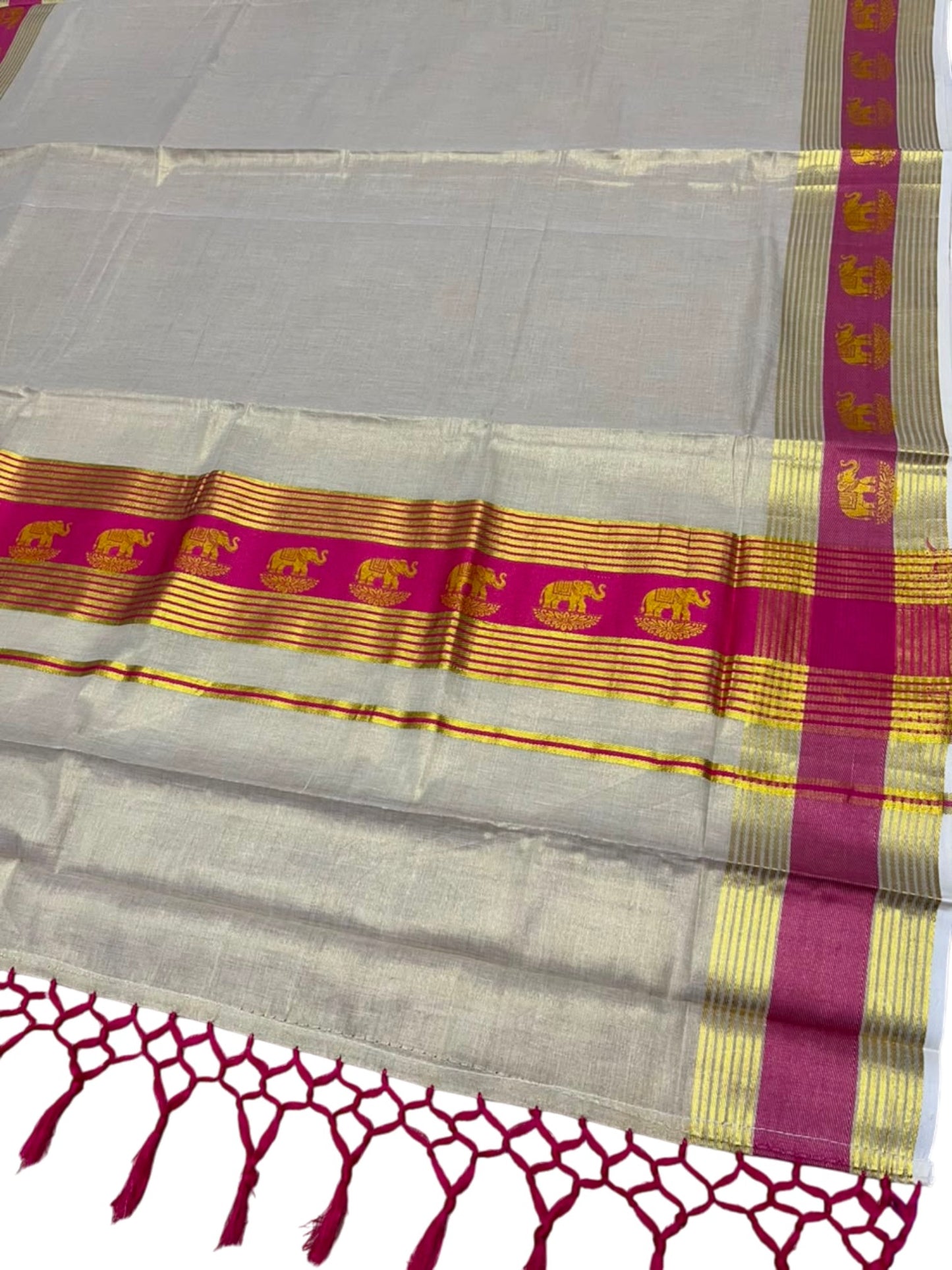 Southloom Kerala Tissue Kasavu Saree with Elephant Digital Print on Borders in Pink SL507