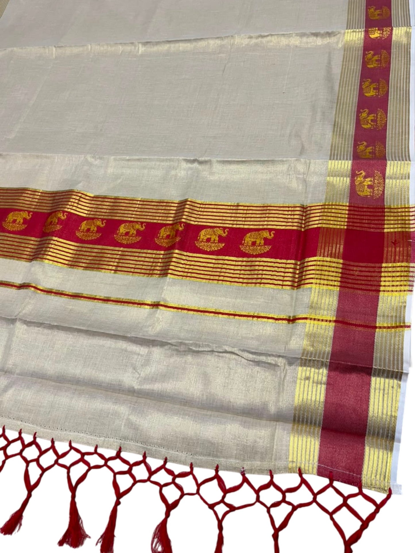 Southloom Kerala Tissue Kasavu Saree with Elephant Digital Print on Borders in Red SL507