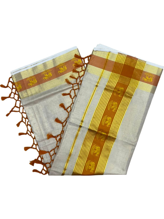 Southloom Kerala Tissue Kasavu Saree with Elephant Digital Print on Borders in Mustard Yellow SL507
