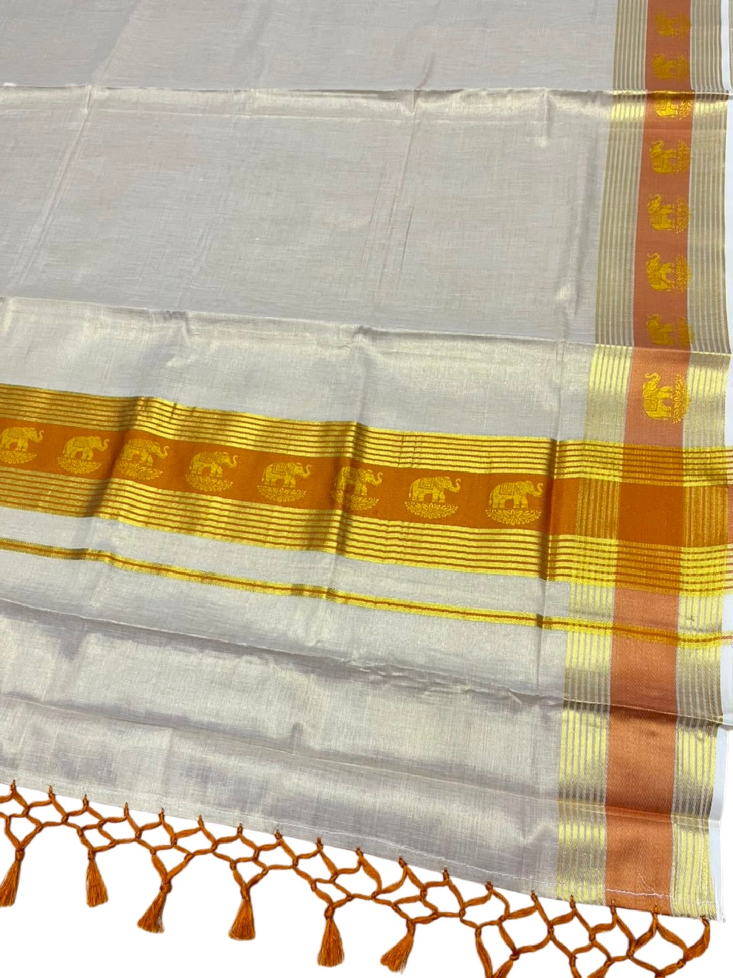 Southloom Kerala Tissue Kasavu Saree with Elephant Digital Print on Borders in Mustard Yellow SL507