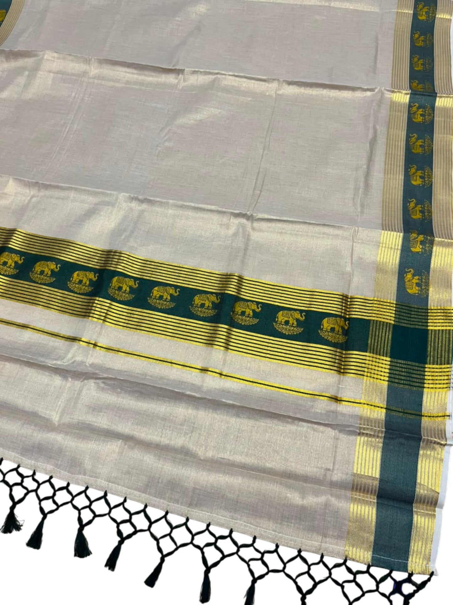 Southloom Kerala Tissue Kasavu Saree with Elephant Digital Print on Borders in Green SL507