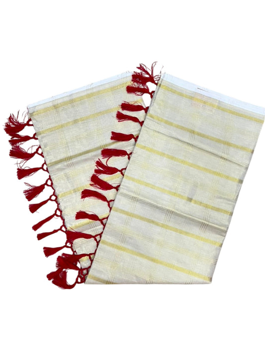 Southloom Kerala Tissue Kasavu Saree with Golden Stripes on Body with Red Tassels SL514
