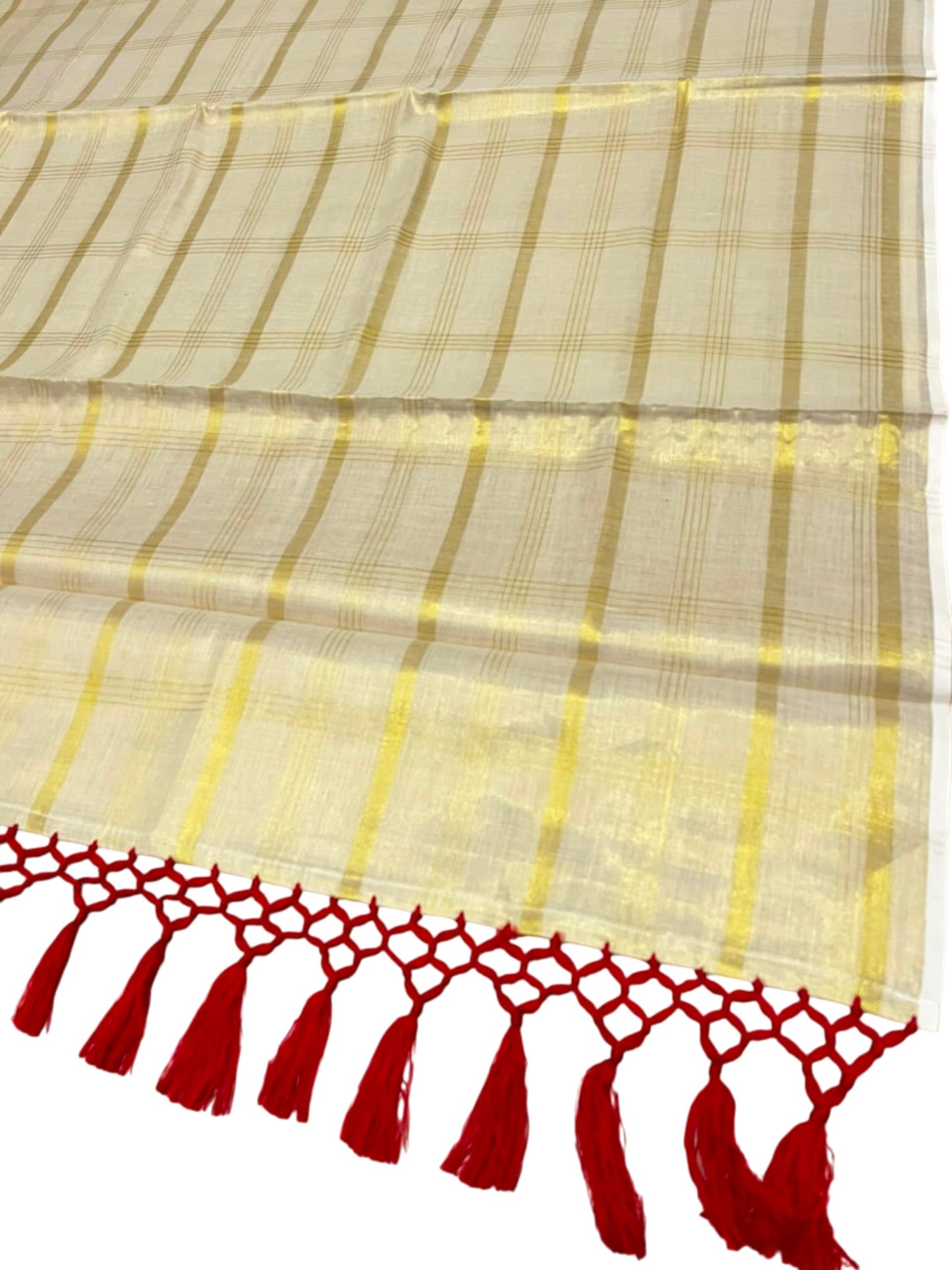Southloom Kerala Tissue Kasavu Saree with Golden Stripes on Body with Red Tassels SL514