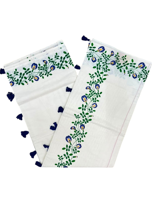 Southloom Cotton Kerala Kasavu Saree with Floral Digital Print on Borders SL318