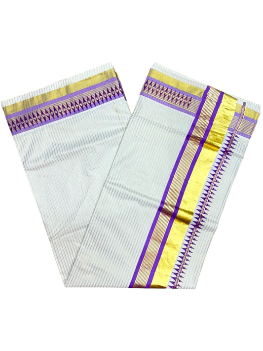 Southloom Kerala Cotton Kasavu Saree with Stripes on Body and Temple print on Border in Lavender SL512