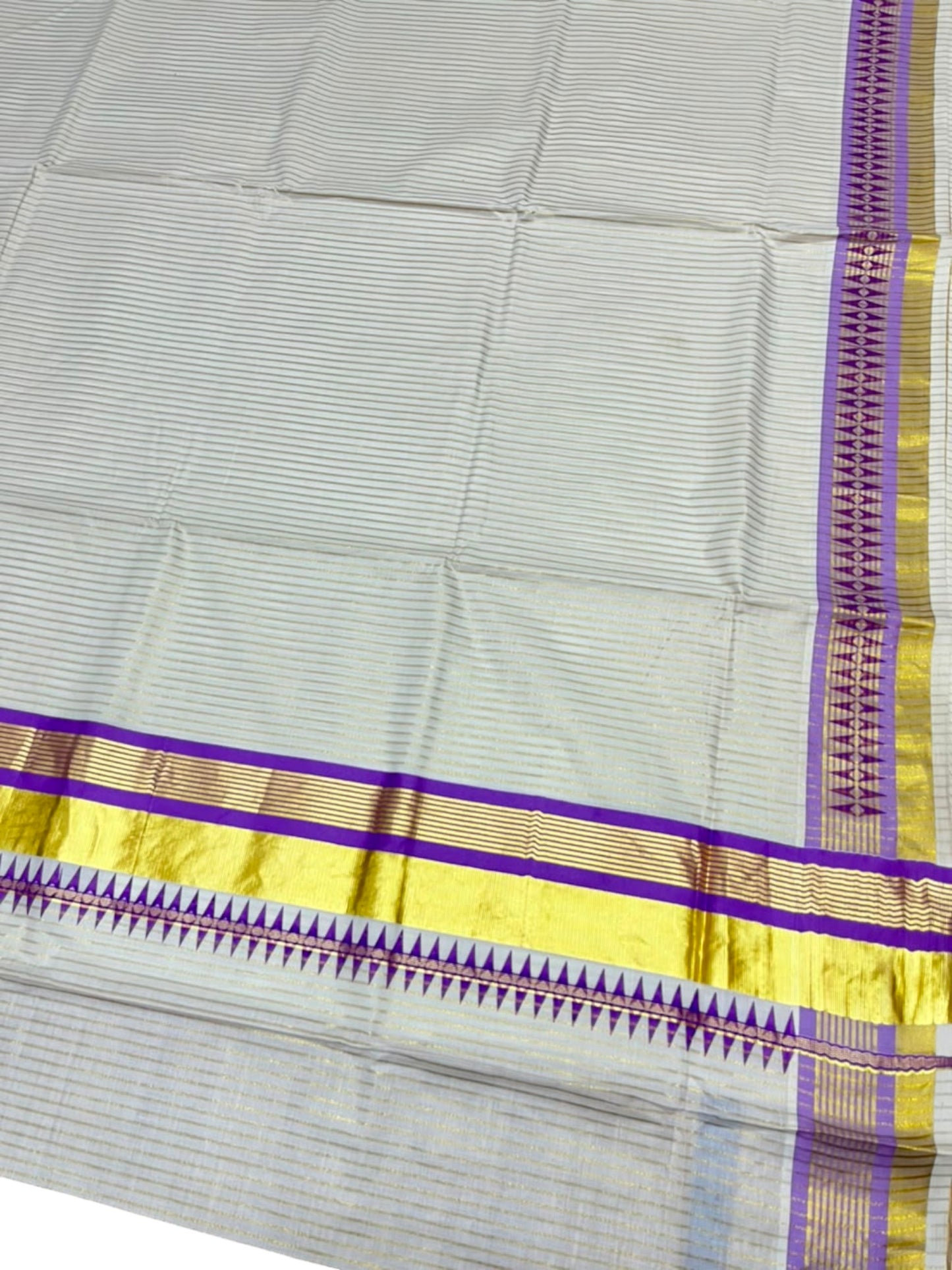 Southloom Kerala Cotton Kasavu Saree with Stripes on Body and Temple print on Border in Lavender SL512