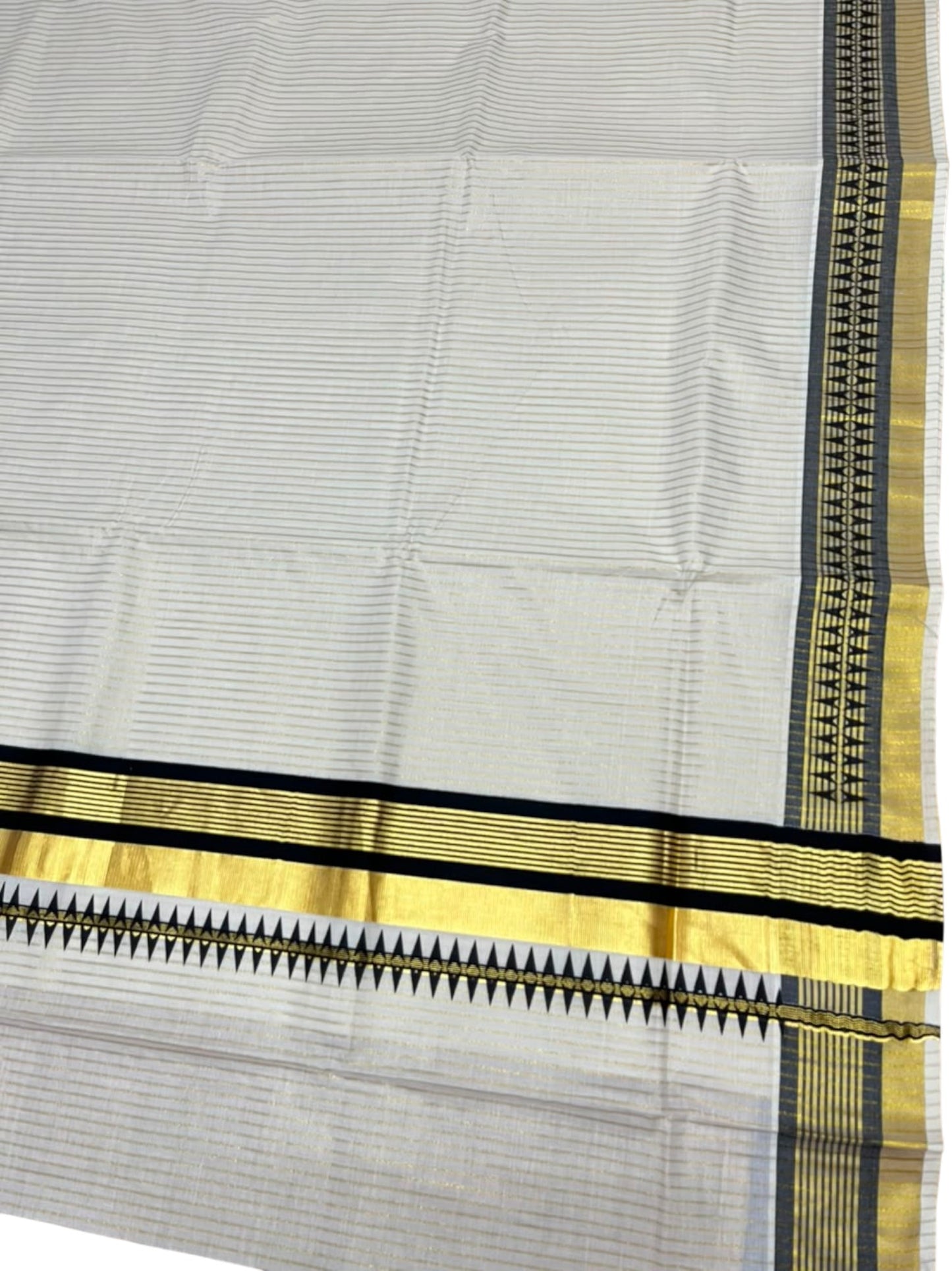 Southloom Kerala Cotton Kasavu Saree with Stripes on Body and Temple Print on Border in Black SL512