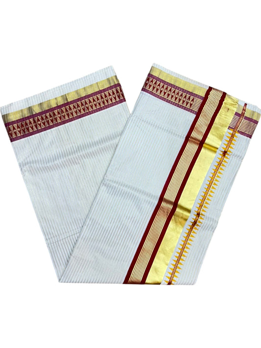 Southloom Kerala Cotton Kasavu Saree with Stripes on Body and Temple Print on Border in Maroon SL512