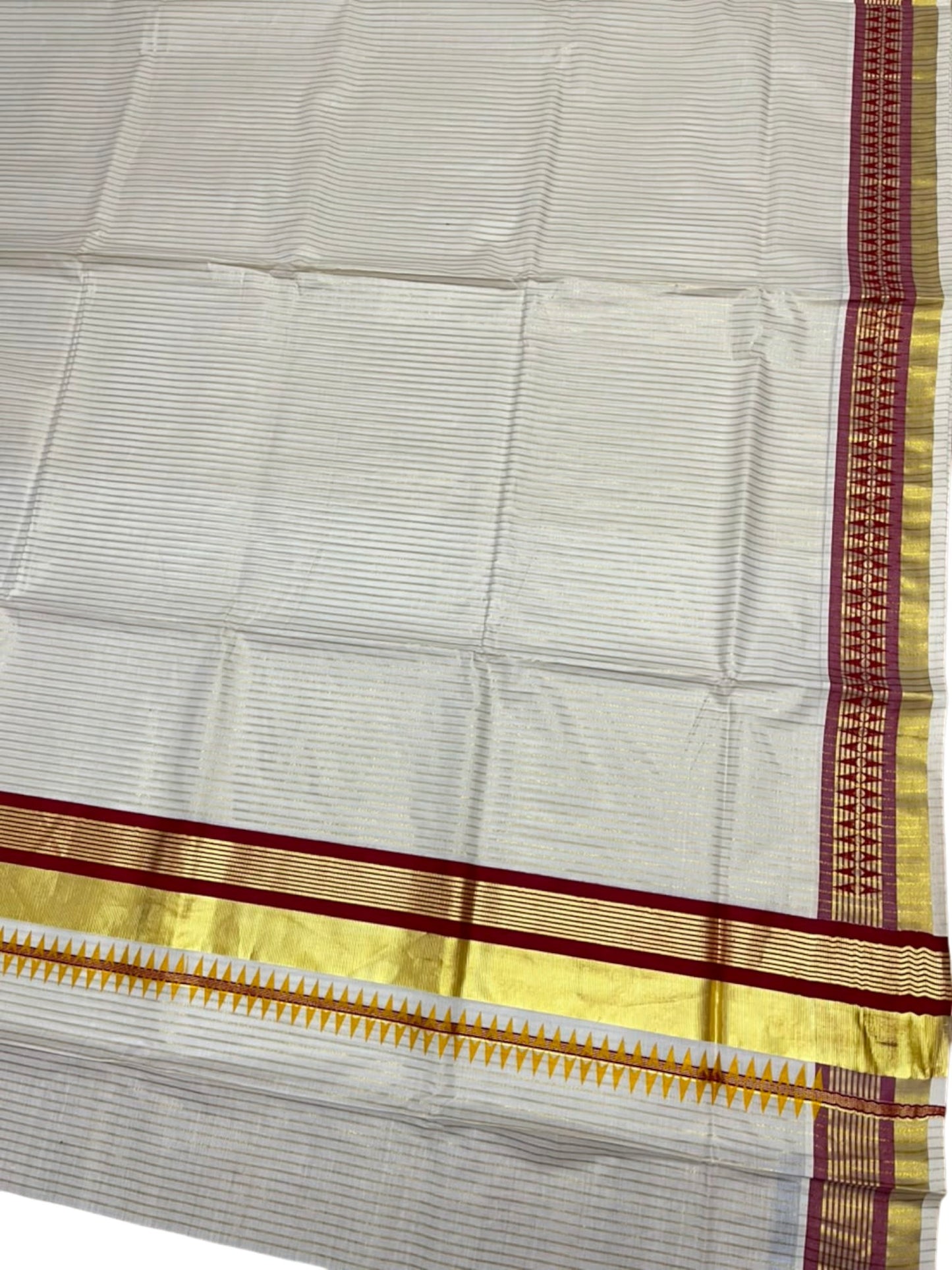 Southloom Kerala Cotton Kasavu Saree with Stripes on Body and Temple Print on Border in Maroon SL512