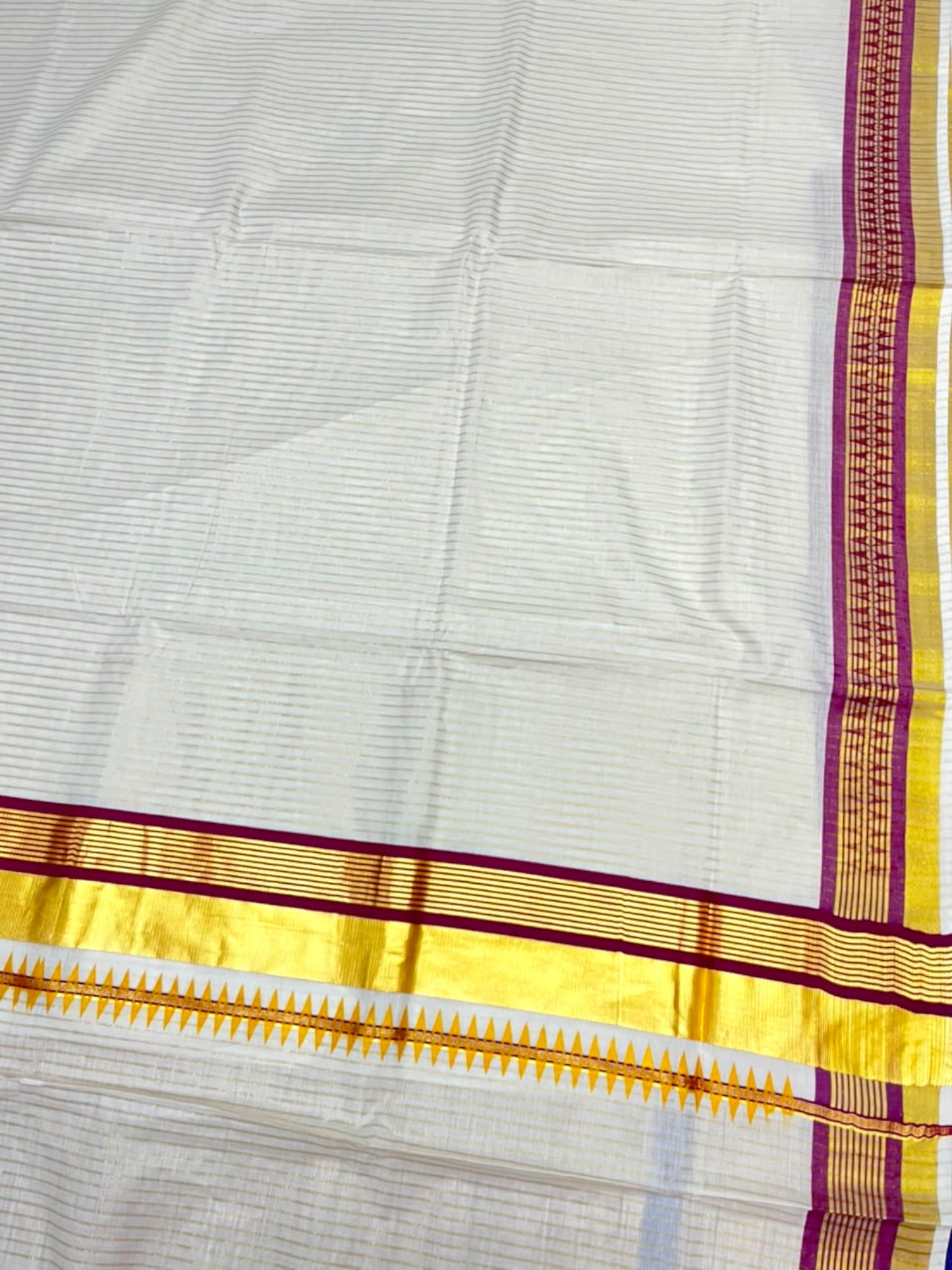 Southloom Kerala Cotton Kasavu Saree with Stripes on Body and Temple Print on Border in Purple SL512