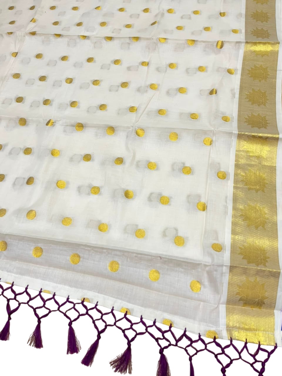 Southloom Kerala Cotton Kasavu Saree with Polka Woven Works on Body and Lotus Border with Purple Tassels SL513